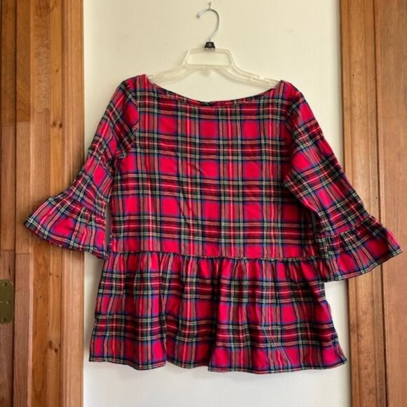 HALEY AND THE HOUND Red Plaid Flannel Peplum Ruffle Top with Gold Back Buttons M - Picture 8 of 15
